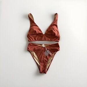 CUPSHE Women's Orange Sparkle Gold‎ High Waisted Bikini Two Piece NWT